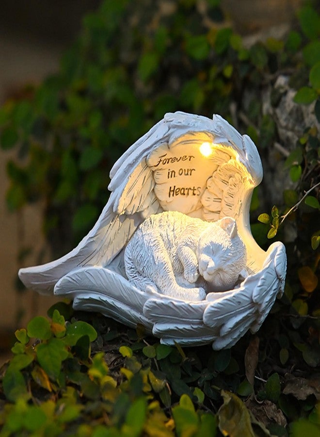 VEEKI Cat Memorial Gifts for Loss of Cat, Peaceful Sleeping Solar Angel Cat Statue Outdoor Waterproof, Resin Cat Figurine Pet Memorial Stone for Garden Grave Markers, Loss of Pet Sympathy Gift (Cat) - Image 1